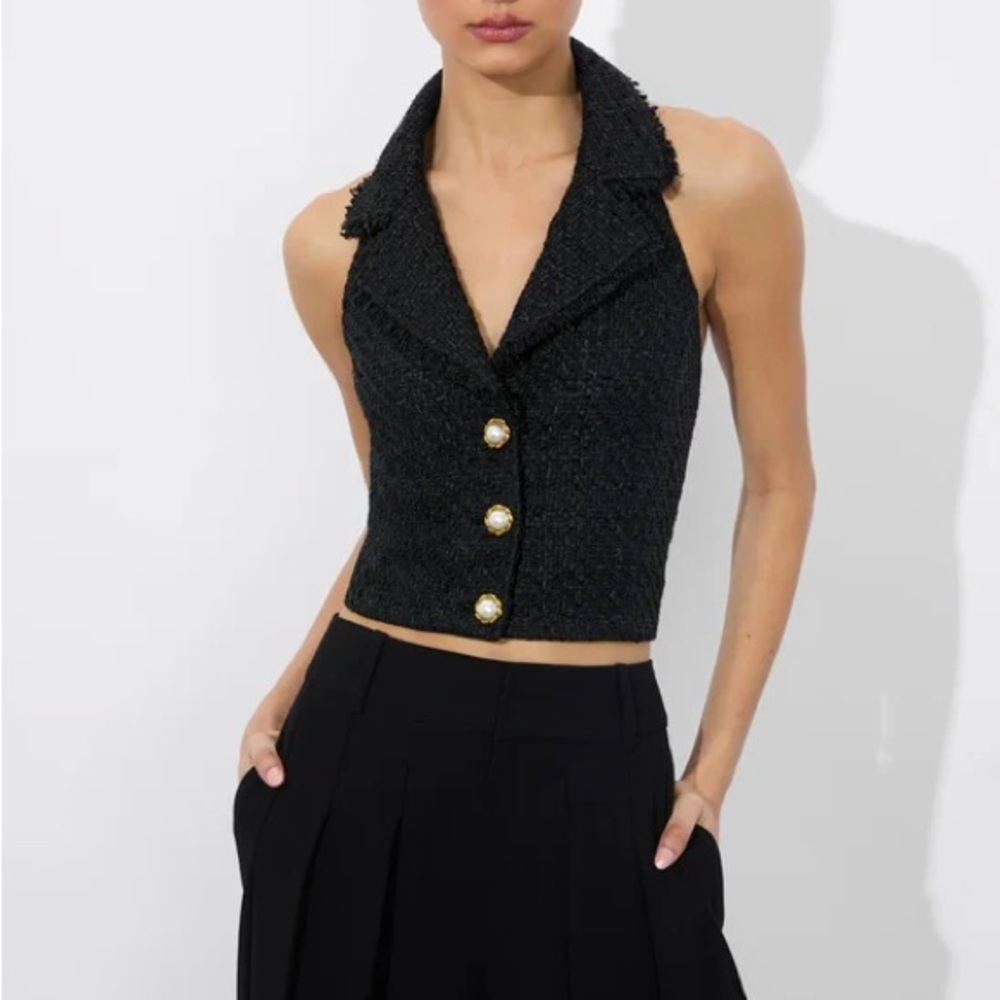 Alice + Olivia Black Halter Blouse with Notched Collar MERI HALTER VEST😍 - Picture 7 of 15